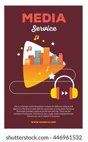 Vector creative colorful illustration of city within play shape, headphones, with header media service and text on brown background. Media service poster template. Flat style design of sounds of city