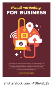 Vector creative colorful illustration of communications by laptop with header email marketing and text on brown background. Business laptop poster template. Flat style design of laptop for marketing