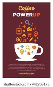Vector creative colorful illustration of cup of coffee and set of fly icons with header coffee power up and text on brown background. Coffee break poster template. Flat style design for coffee time