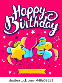 Vector creative colorful illustration of festive bunch of colorful balloons with ribbon, text happy birthday on red background with star. Happy birthday template. Flat style hand drawn line art design
