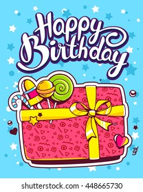 Vector creative colorful illustration of gift box top view, confectionery, text happy birthday on blue background with star. Happy birthday template. Flat style hand drawn line art design of gift box