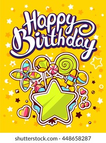 Vector creative colorful illustration of green star, pile of sweets and text happy birthday on yellow background with stars. Happy birthday template. Flat style hand drawn line art design of sweets