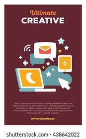 Vector creative colorful illustration of laptop with speech bubble and phone with header and text on brown background. Laptop communication technology poster template. Flat style design of night work