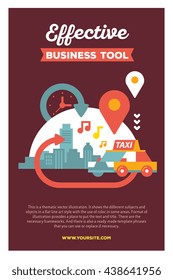Vector creative colorful illustration of modern city taxi service with header and text on brown background. Taxi service poster template. Flat style design for busy urban daily life theme