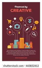 Vector creative colorful illustration of modern city with icons of daily activity, header powered by creative, text on brown background. City infographic poster template. Flat style design infographic