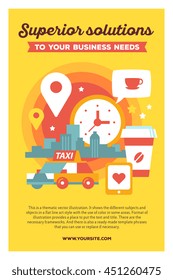 Vector creative colorful illustration of modern city taxi service with business header and text on yellow background. Taxi service poster template. Flat style design for urban daily life theme