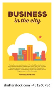 Vector creative colorful illustration of modern city in the cloud with header business in the city and text on yellow background. Business city poster template. Flat style design for business in city