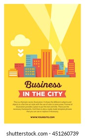 Vector creative colorful illustration of modern city in the bright rays of light with header in the city, text on yellow background. Business city poster template with ribbon. Flat style city design