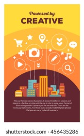 Vector creative colorful illustration of modern city with icons of daily activity, header powered by creative, text, yellow background. City infographic poster template. Flat style design infographic