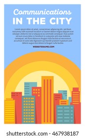 Vector creative colorful illustration of modern bright big city with header communications in the city and text on blue background. City communication poster template. Flat style city design