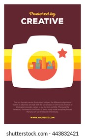 Vector creative colorful illustration of photo camera, city and rainbow with header powered by creative and text on brown background. Photo camera poster template. Flat style design for review camera