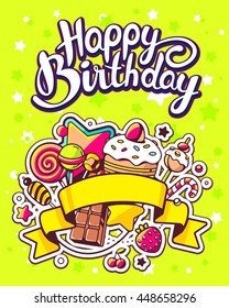 Vector creative colorful illustration of pile of sweets, yellow ribbon and text happy birthday on green background with star. Happy birthday template. Flat style hand drawn line art design of sweets