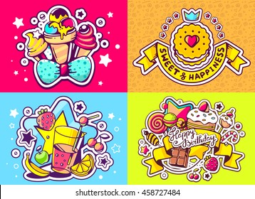 Vector creative colorful set of birthday illustration of ice creams and other sweetness, text happy birthday on color background. Happy birthday templates. Flat style hand drawn line art card design