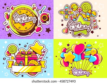Vector creative colorful set of birthday illustration of balloons, gift box, cake and other sweetness, text happy birthday on color background. Happy birthday templates. Flat style hand drawn design