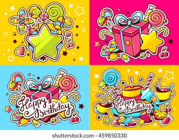 Vector creative colorful set of birthday illustration with gift box, cake, star and other sweetness, text happy birthday on color background. Happy birthday templates. Flat style hand drawn art design