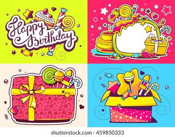 Vector creative colorful set of birthday illustration with gift box, cake and other sweetness, text happy birthday on color background. Happy birthday templates. Flat style hand drawn line art design