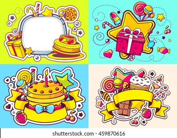 Vector creative colorful set of birthday illustration with gift box, star, frame, ribbon, cake, and other sweetness, text happy birthday on color background. Happy birthday templates. Flat style