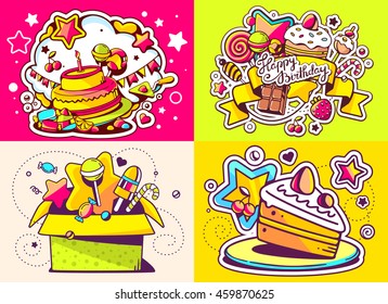 Vector creative colorful set of birthday illustration with gift box, cake and other sweetness, text happy birthday on color background. Happy birthday templates. Flat style hand drawn line art design