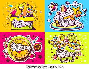 Vector creative colorful set of birthday illustration with gift box, cake, star and sweetness, text happy birthday on color background. Happy birthday templates. Flat style hand drawn line art design