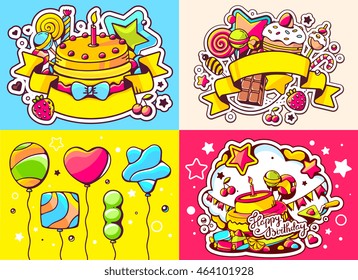 Vector creative colorful set of birthday illustration with balloons, cake, ribbon and sweetness, text happy birthday on color background. Happy birthday template. Flat style hand drawn line art design