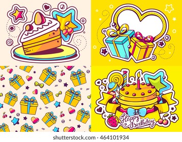 Vector creative colorful set of birthday illustration with gift box, cake, frame, text happy birthday on color background and seamless pattern. Happy birthday templates. Flat style hand drawn design