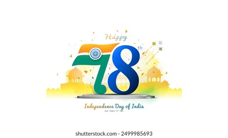 vector creative concept of 78th India Independence Day. Freedom anniversary celebration and red fort background.