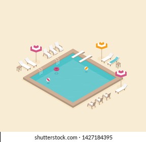 Vector creative concept design on isometric swimming pool with chaise lounges, parasol umbrellas and other