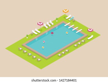 Vector creative concept design on isometric swimming pool with chaise lounges, parasol umbrellas and other