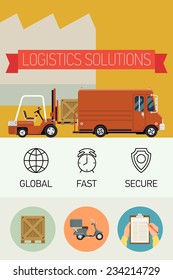 Vector creative concept design on logistics with title on ribbon featuring forklift loading cargo into truck, line icons on global, fast, secure; circle icons on scooter, clipboard and wooden box