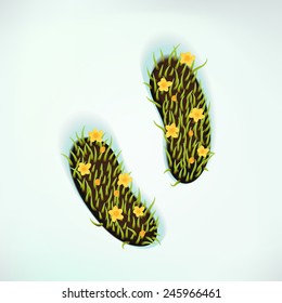 Vector creative concept design on spring | Green spring grass with little yellow field flowers growing in footprints in melting snow | Spring is coming and season changing abstract illustration