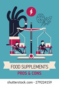 Vector creative concept design on food supplements pros and cons featuring office worker before and after vitamin treatment, balance scales and hand holding capsule