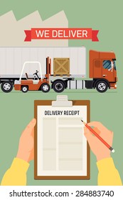 Vector creative concept design on logistics and distribution with forklift loading cargo into semi-trailer truck and male hands holding pencil and clipboard with delivery receipt