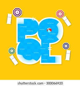 vector creative concept design on isometric letters shaped swimming pool with chaise lounges, parasol umbrellas, beach ball and more