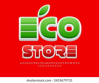 Vector creative concept Eco Store. Bright futuristic Font. Abstract Red Alphabet Letters and Numbers set.