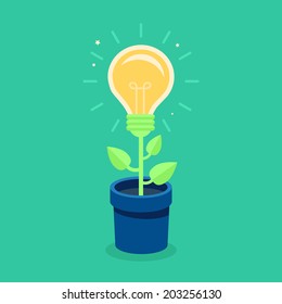 Vector creative concept in flat style - light bulb growing from the flower pot - idea icon