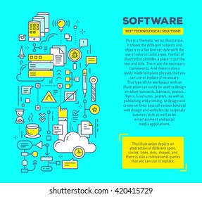 Vector creative concept illustration of application software with header, text on blue background. Software technology composition template. Hand draw flat thin line art style design for development