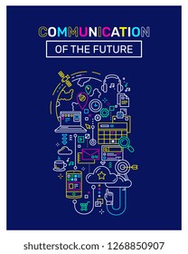 Vector concepto creativo ilustración de la tecnología de la comunicación con cabecera y texto en fondo azul. Diseño de plantilla de estilo de arte delgado plano para carteles, banderas y presentaciones