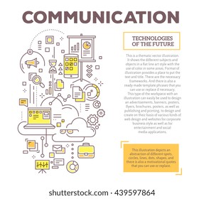 Vector creative concept illustration of communication with header, text. Communication technology composition template background. Hand draw flat thin line art style design for social media, marketing