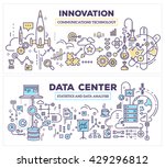 Vector creative concept illustration of data center and innovation technology. Horizontal composition template. Hand draw flat thin line art style design for server and innovation technology theme