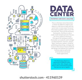 Vector creative concept illustration of data center with header and text on white background. Server technology template. Hand draw flat thin line style monochrome design for server technology theme