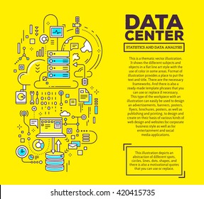 Vector creative concept illustration of data center with header and text on yellow background. Server technology composition template. Hand draw flat thin line art style design for server technology