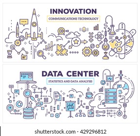 Vector creative concept illustration of data center and innovation technology. Horizontal composition template. Hand draw flat thin line art style design for server and innovation technology theme