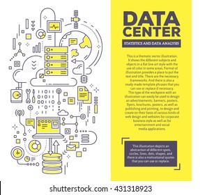 Vector creative concept illustration of data center with header and text. Server technology composition template background. Hand draw flat thin line art style monochrome design for server technology