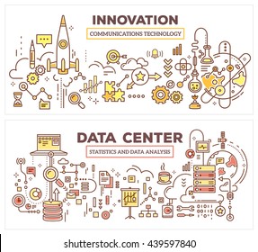 Vector creative concept illustration of data center and innovation technology. Horizontal composition template. Hand draw flat thin line art style monochrome design for server, innovation technology