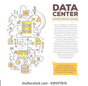 Vector creative concept illustration of data center with header and text. Server technology composition template background. Hand draw flat thin line art style design for server technology theme