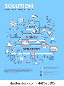 Vector creative concept illustration of graph business project with header, text on blue background. Business solution poster template. Flat thin line art style design of business pyramid infographics