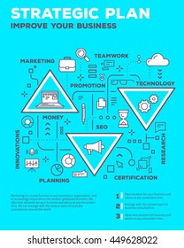 Vector creative concept illustration of graph business project with header, text on blue background. Planning composition poster template. Flat thin line art style design of business infographics