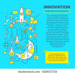Vector creative concept illustration of innovation with header, text on blue background. Innovation technology composition template. Hand draw flat thin line art style design for innovation, research