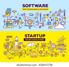 Vector creative concept illustration of software and technology start up. Horizontal composition template. Hand draw flat thin line art style design for application development, start up technology 