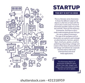 Vector creative concept illustration of startup with header and text on white background. Technology startup composition template. Hand draw flat thin line art style design for technology startup